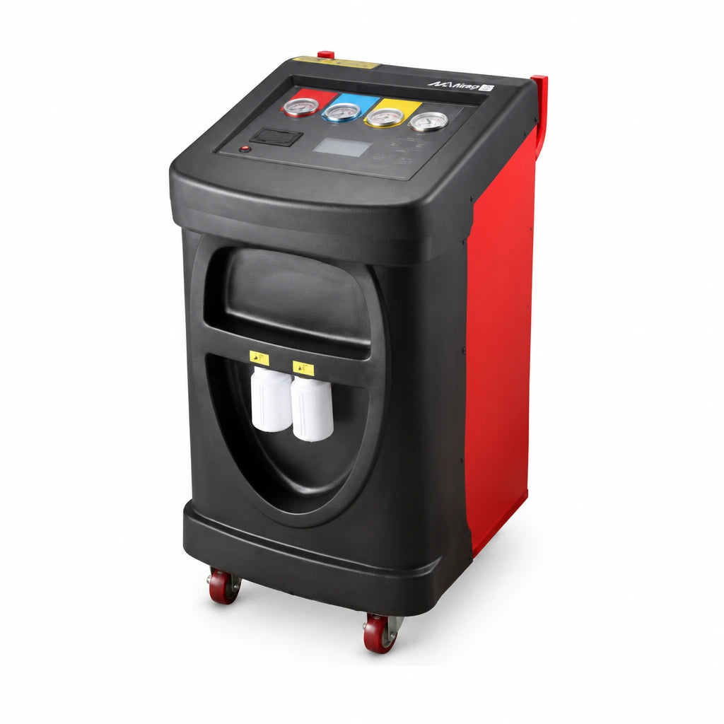Mirage PL-AC300B black and red mobile R134a automotive refrigerant recovery and recharge machine on white background