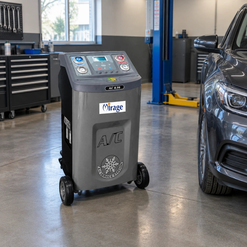 Mirage AC636 refrigerant recovery machine parked beside a passenger vehicle in a clean professional automotive service bay.
