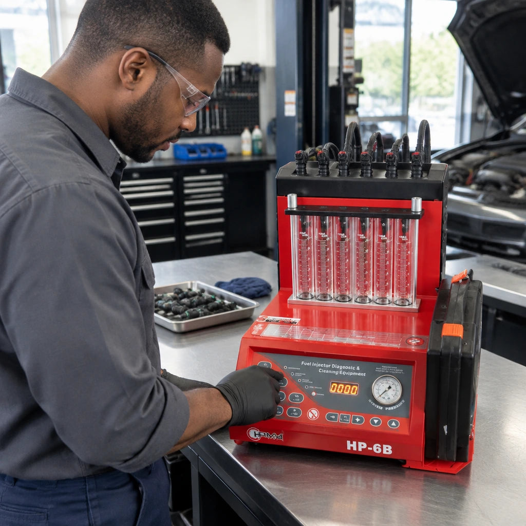 African American automotive technician using the Mirage HP-6B to ultrasonically clean petrol fuel injectors in a professional service bay.