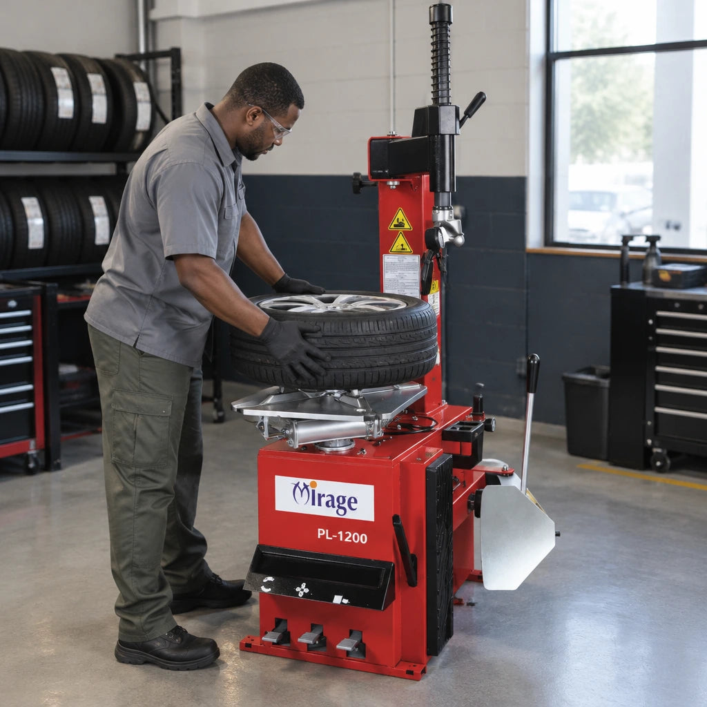 Technician using the Mirage PL-1200 swing-arm tyre changer to fit a passenger-car tyre