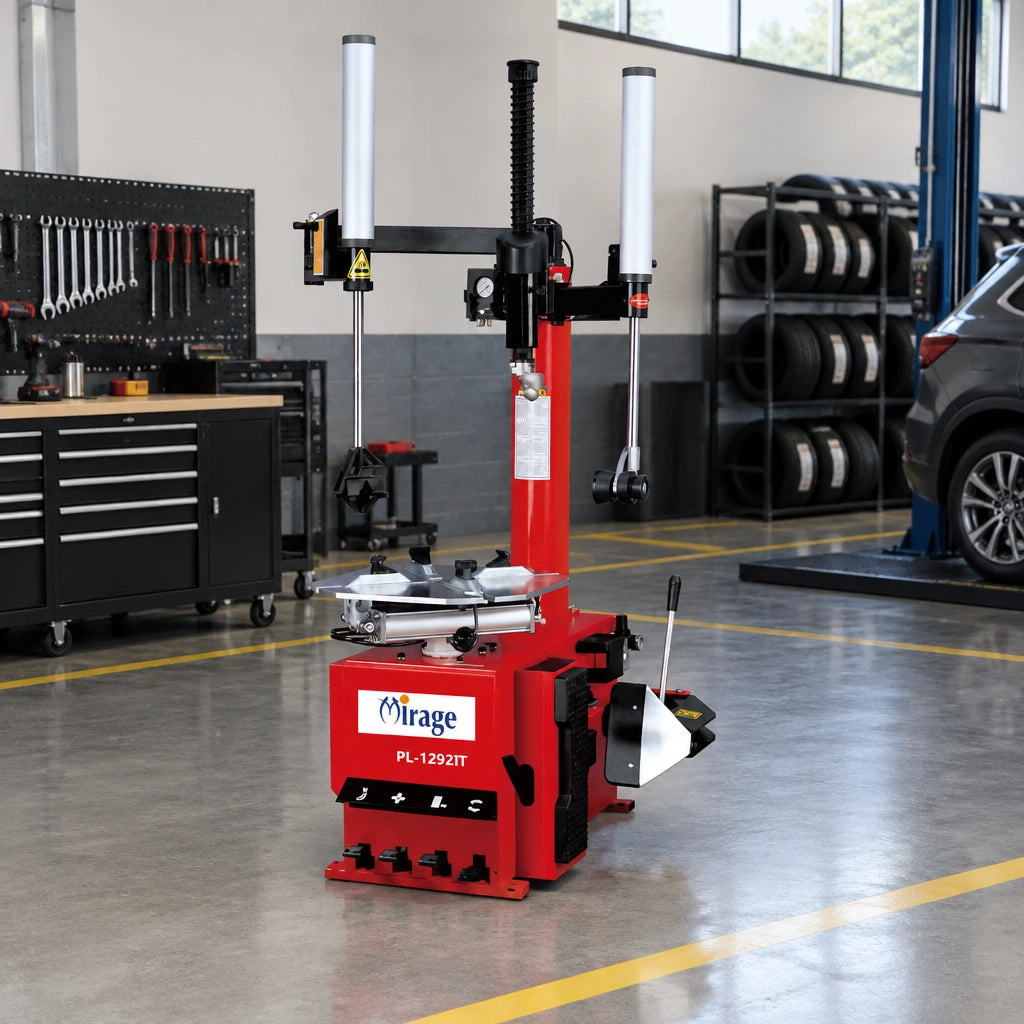 Mirage PL-1292IT tyre changer resting in an organised professional tyre-service bay.
