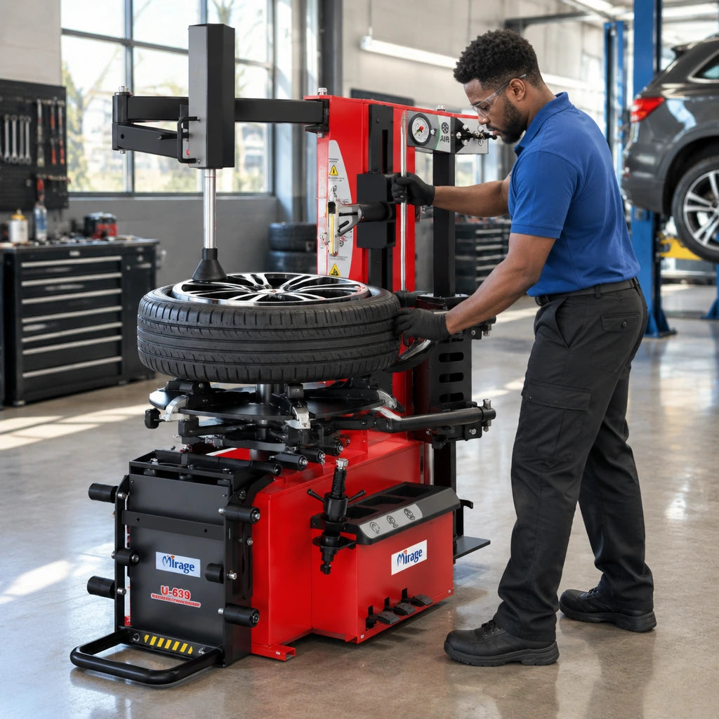 African American tyre technician using the Mirage U-639 to service a compatible SUV wheel in a clean workshop.