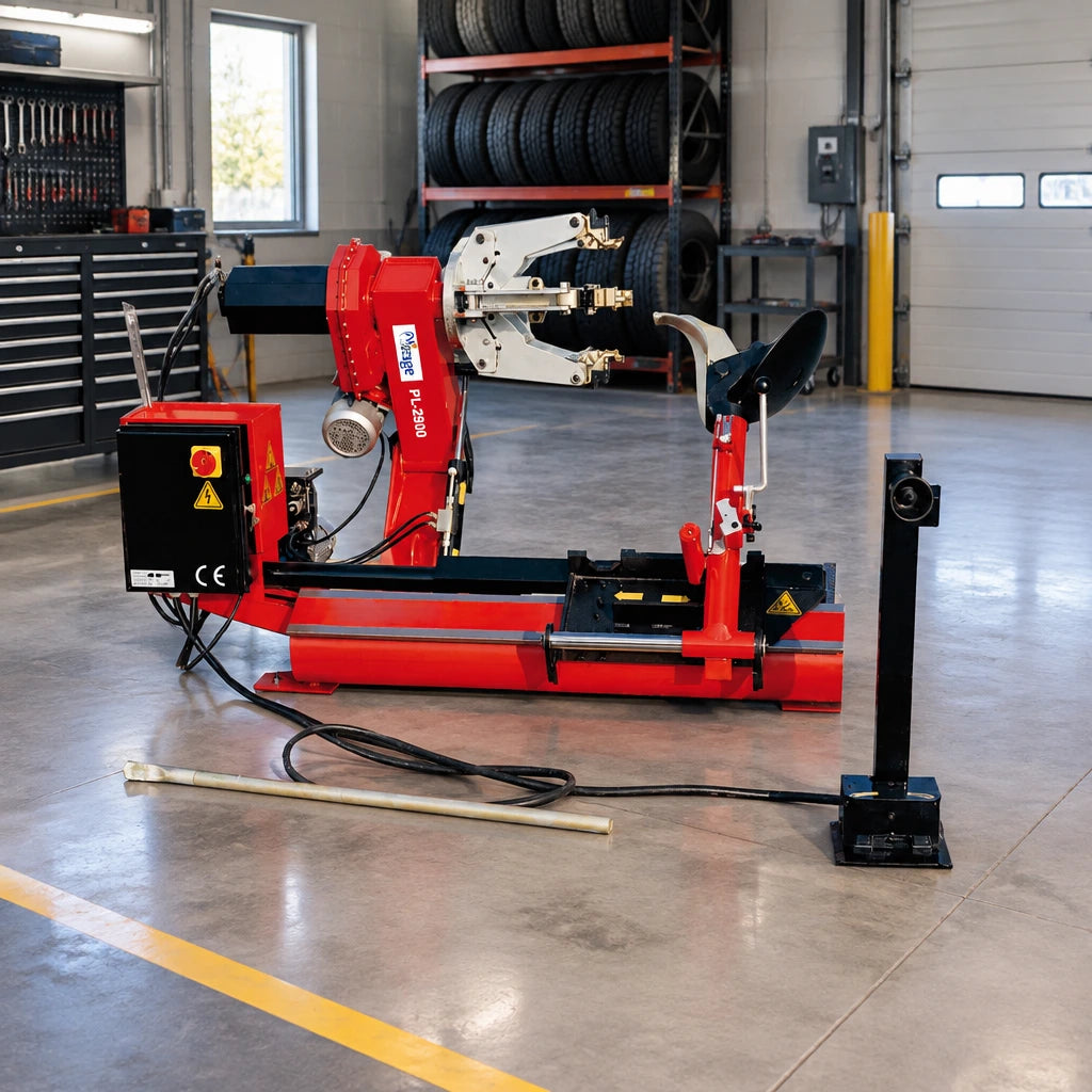 Mirage PL-2900 hydraulic truck tyre changer positioned in a clean commercial tyre-service bay