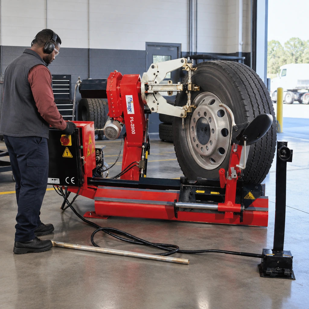 African American truck-tyre technician using the Mirage PL-2900 hydraulic changer to remove a tyre from a heavy vehicle wheel