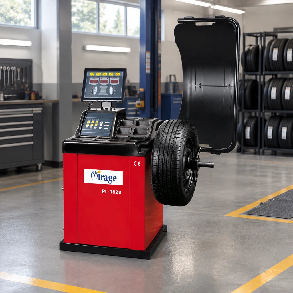 Mirage PL-1828 wheel balancer parked in an organised professional tyre-service workshop