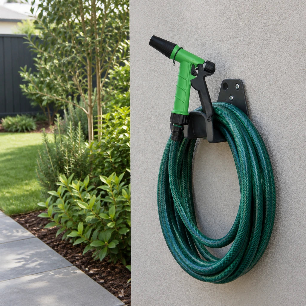 Green adjustable garden spray gun resting on a hose hanger beside a neatly maintained residential garden