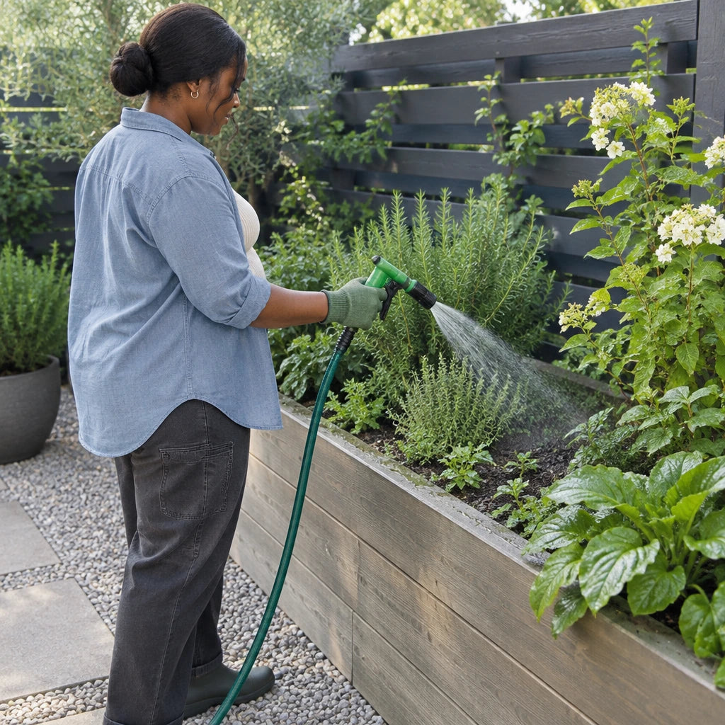 African American gardener using the Mister green adjustable spray gun to water plants in a residential raised bed
