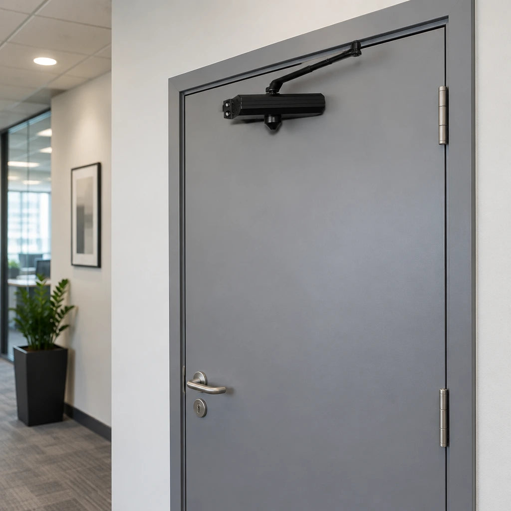 Black Mister hydraulic door closer installed above a closed office corridor door.