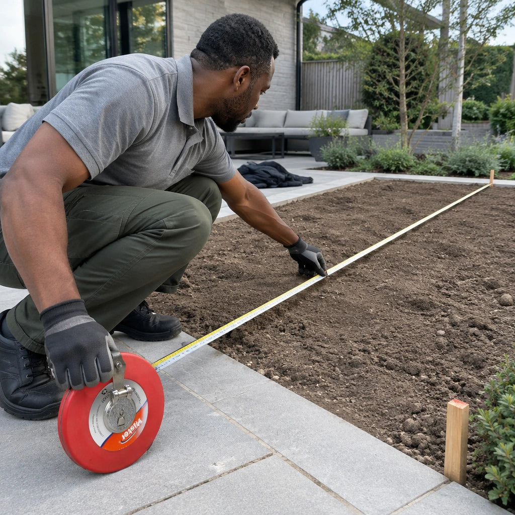 Landscape installer using a red Mister 20m open-reel tape to measure a courtyard planting bed.