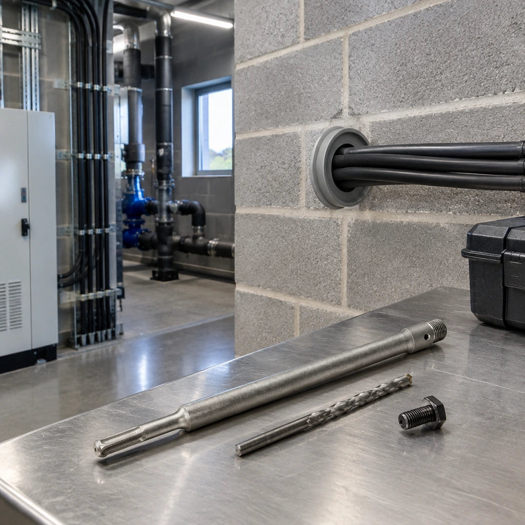 Finished plant-room conduit passing through a clean masonry opening with the Mister SDS-Plus core drill extension kit resting nearby.