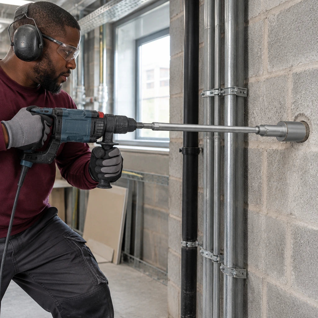 African American building-services installer using the Mister SDS-Plus extension adapter with a rotary hammer to drill a deep blockwork opening.