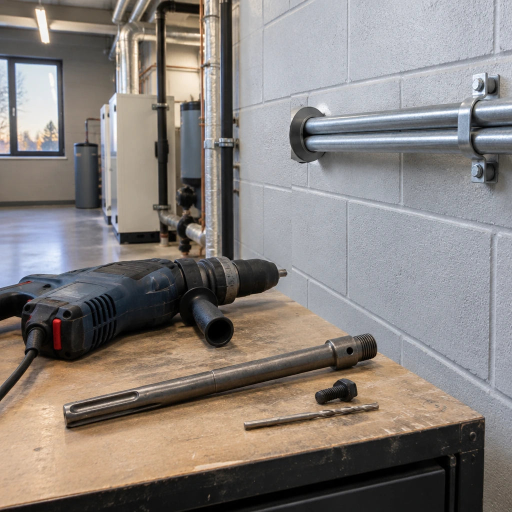 Finished conduit penetration in a commercial plant room with the Mister SDS-Max adapter resting nearby