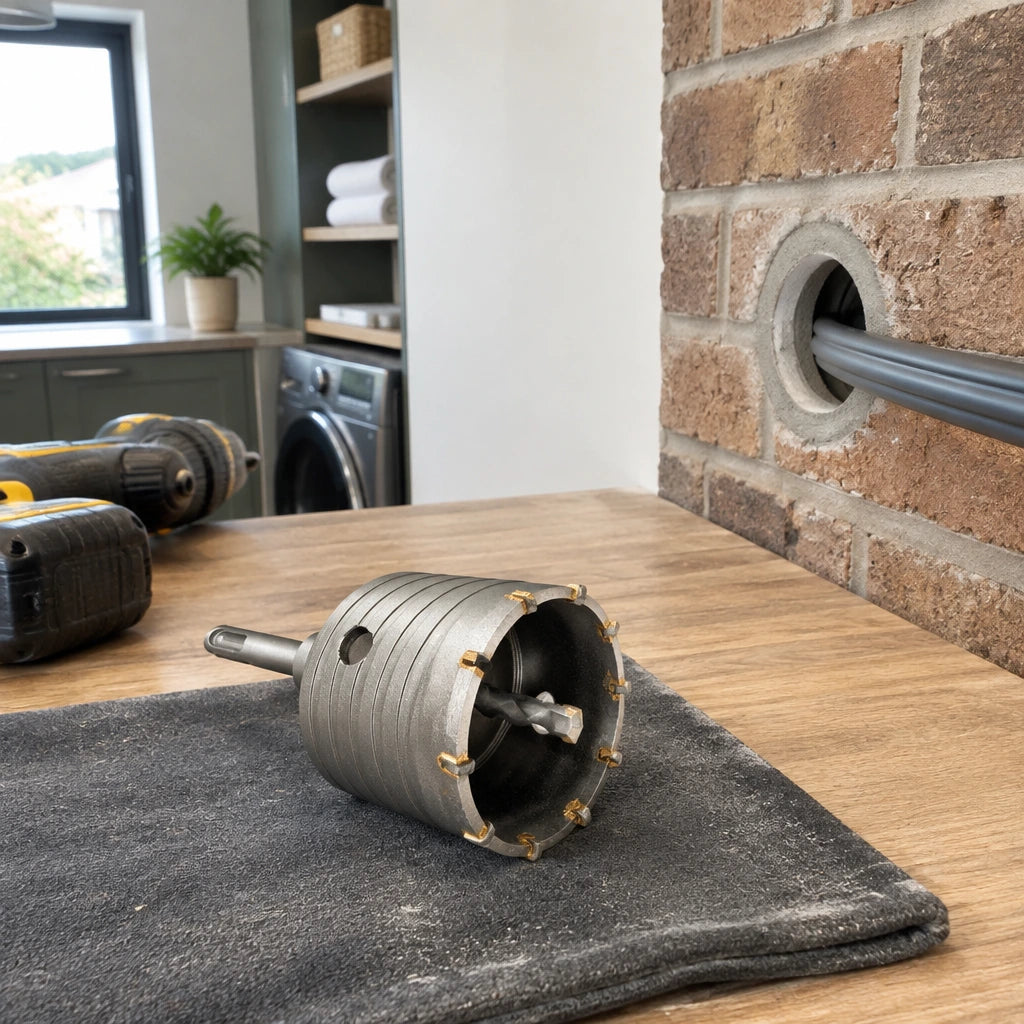 Finished utility-room conduit passing through a neat brick opening with the Mister masonry core bit nearby