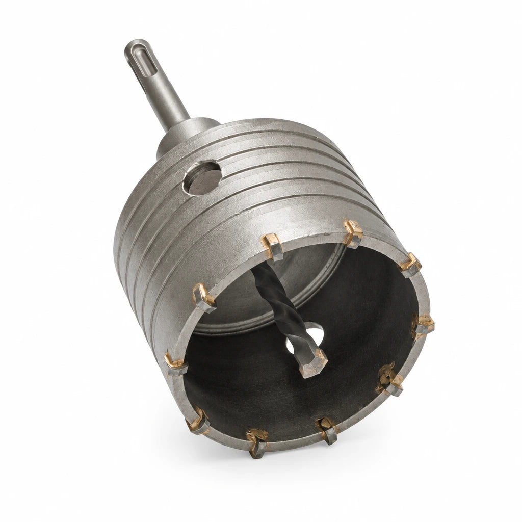 Mister hollow masonry core drill bit with toothed cutting rim and central pilot bit on a white background