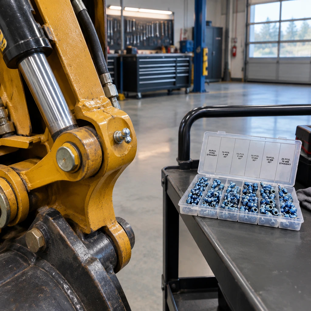 Industrial machine linkage ready for service with a replaced grease fitting and closed Neiko assortment case nearby