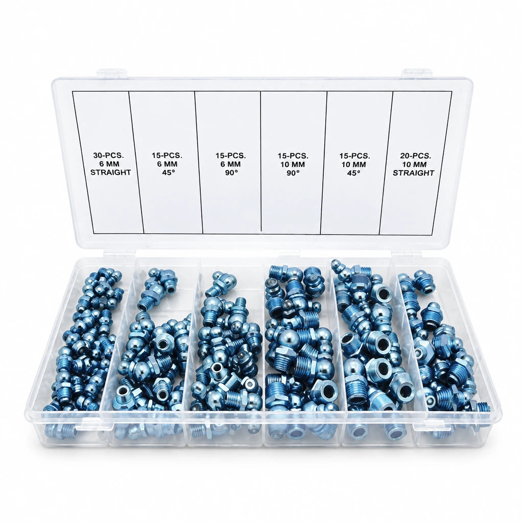 Neiko 110-piece hydraulic grease fitting assortment in a clear six-compartment case with M6 and M10 straight, 45-degree and 90-degree fittings