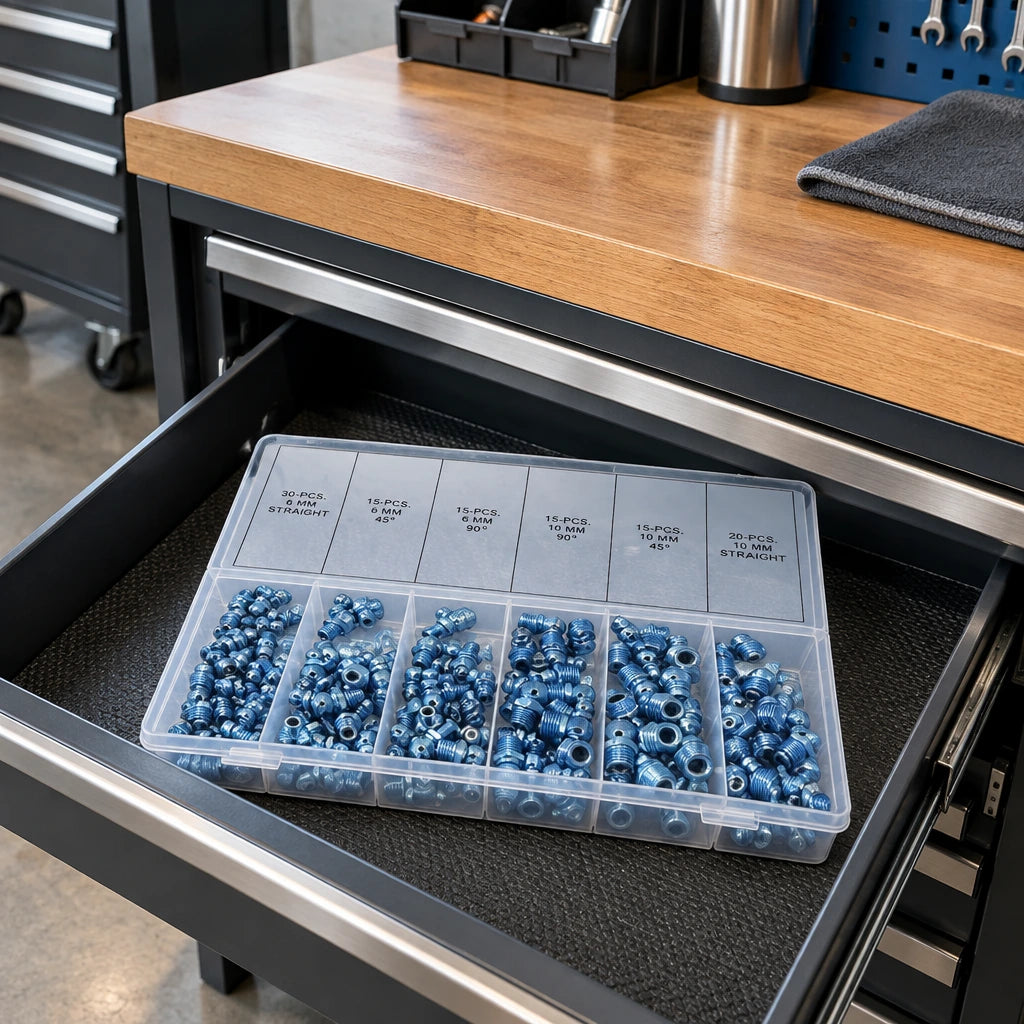 Closed Neiko hydraulic grease fitting assortment case stored in an organised industrial maintenance trolley