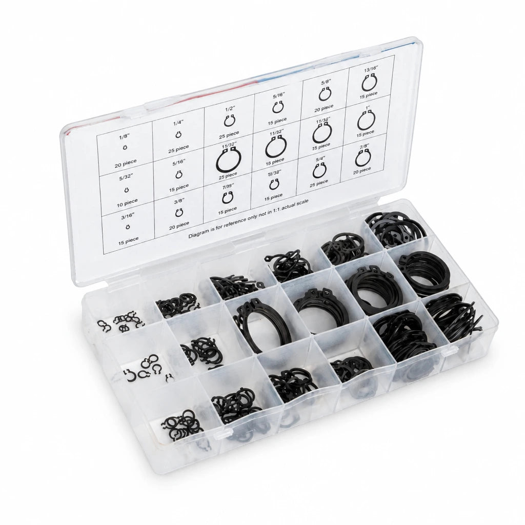 Neiko 300-piece internal and external snap ring assortment in an open compartment case on white background
