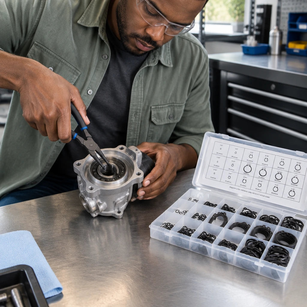 Technician installs an internal retaining ring from the Neiko assortment into an equipment housing