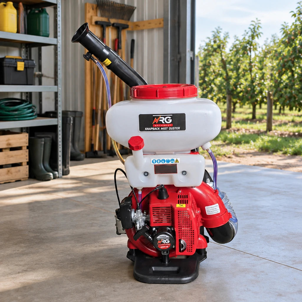 NRG gasoline knapsack sprayer stored upright in a clean orchard equipment shed beside orderly crop rows