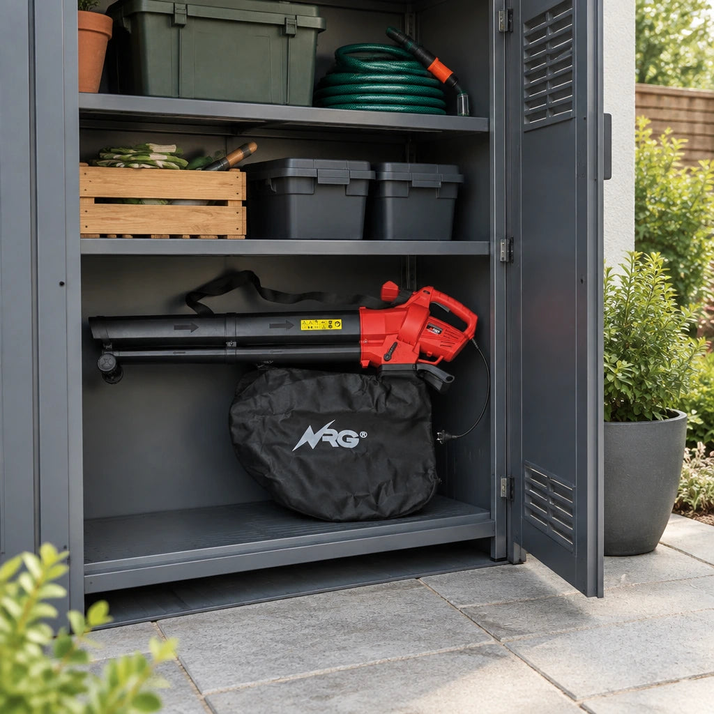 NRG electric leaf blower vacuum stored with its collection bag in a clean garden utility cupboard