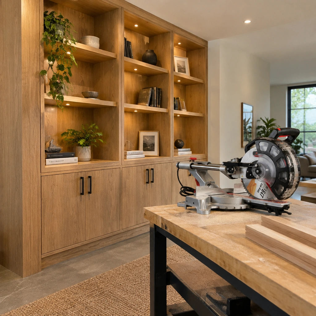 Finished fitted timber storage unit beside the inactive NRG sliding compound mitre saw used to cut its components.
