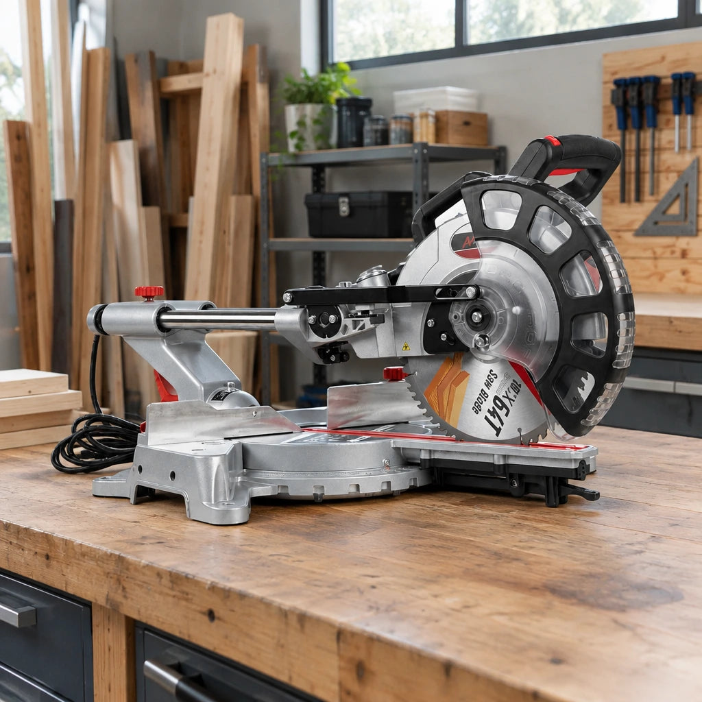 NRG sliding compound mitre saw resting on a timber workbench in an organised cabinetmaking workshop.