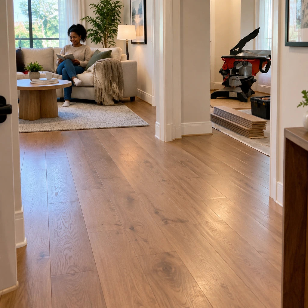 Finished timber flooring in a contemporary home with the inactive NRG NMS8200 mitre saw nearby