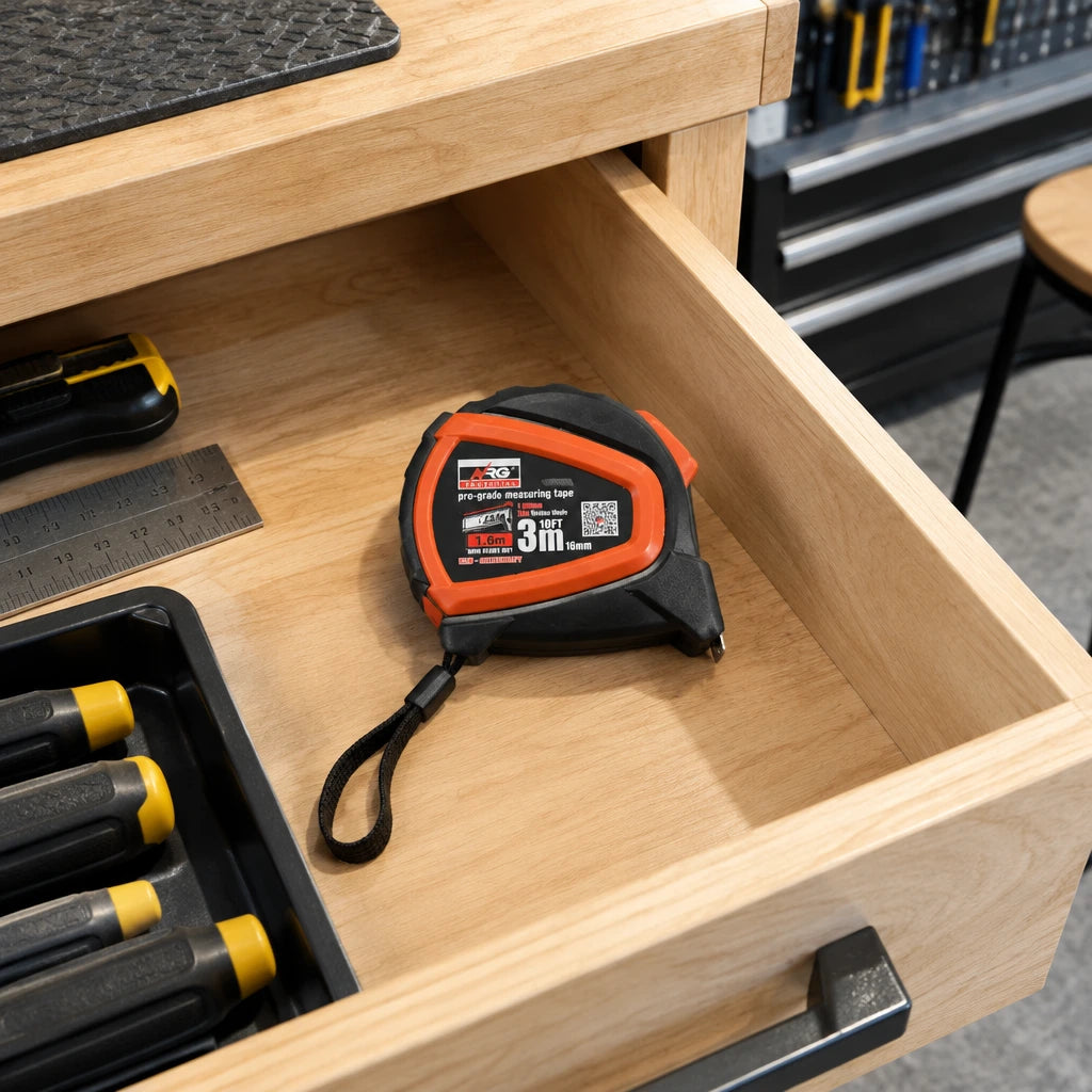 NRG orange-and-black 3 m steel measuring tape resting in an organised workshop storage drawer.