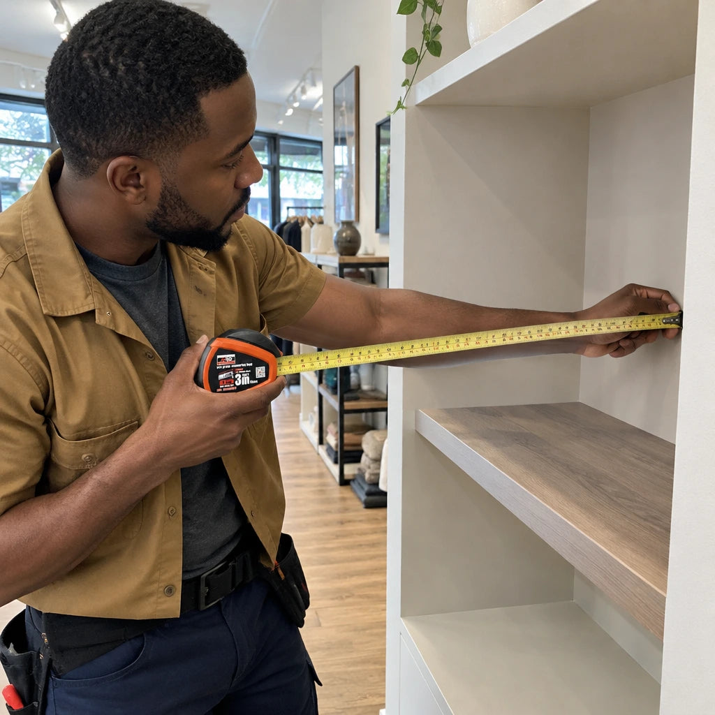 African American retail installer using an NRG 3 m auto-lock steel tape to measure a boutique wall niche for shelving.