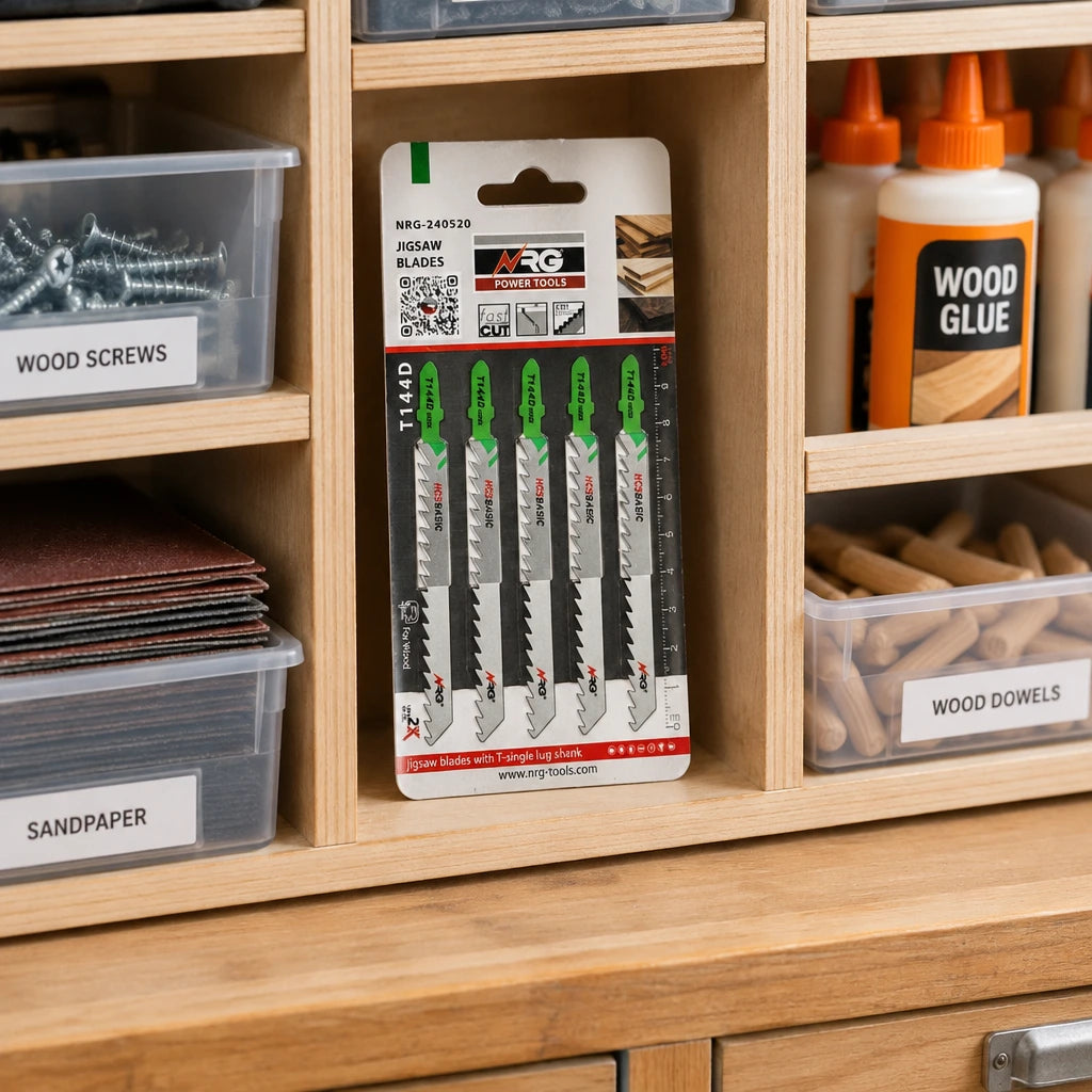 Sealed NRG T144D jigsaw blade pack stored in an organised joinery workshop cabinet.