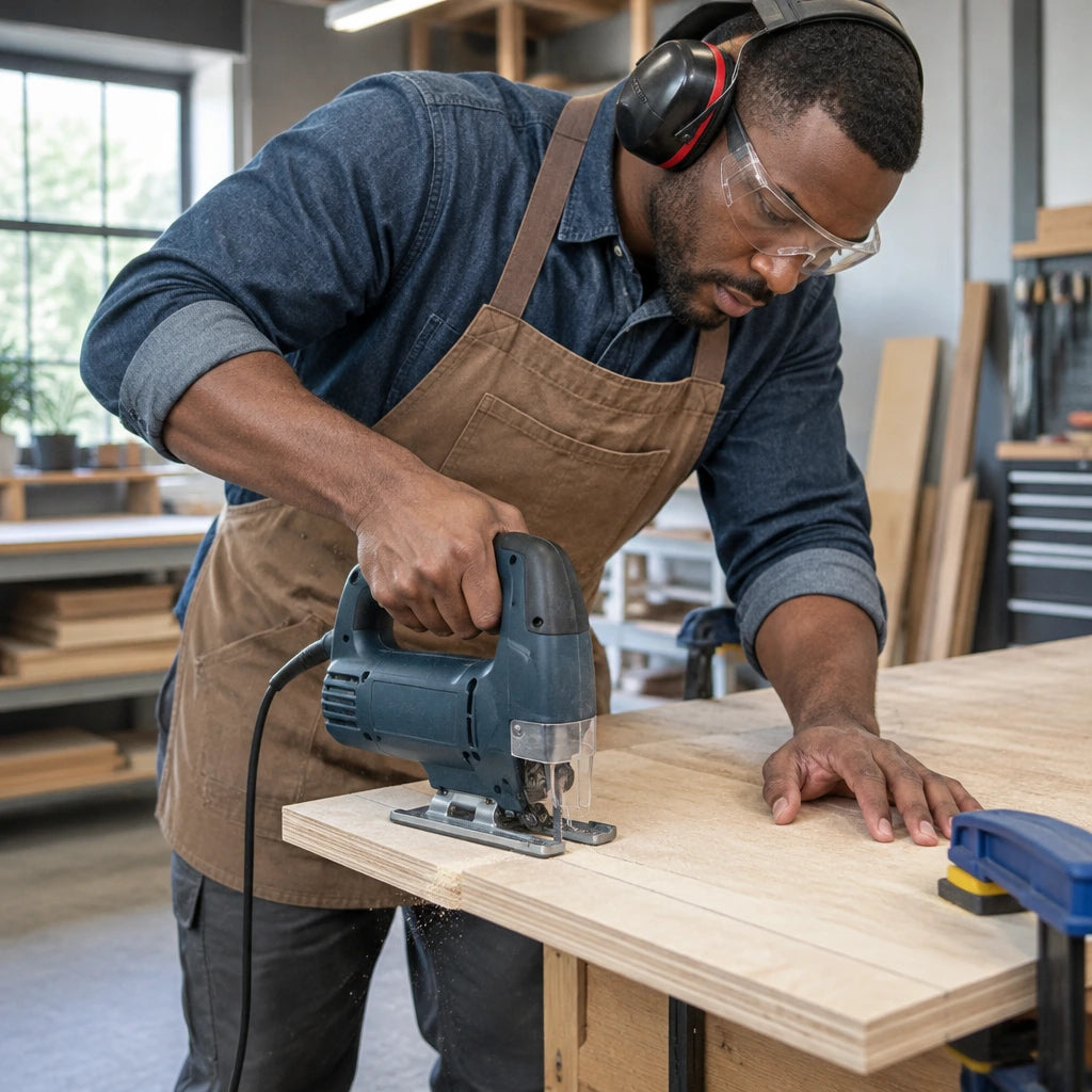African American joiner uses a compatible jigsaw fitted with an NRG T144D blade to make a straight cut in a supported wood panel.