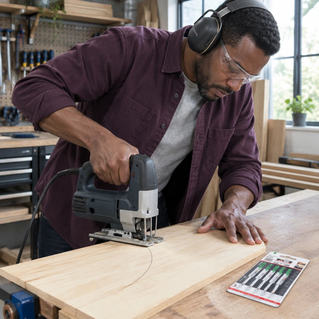 Furniture maker guiding a compatible jigsaw with an NRG T244D blade through a curved line in a supported wood panel