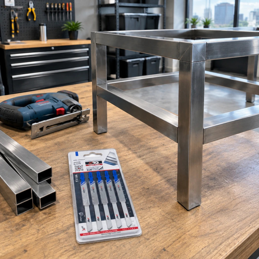 Completed metal service-frame components beside an inactive jigsaw and packaged NRG T318A blades in a clean workshop