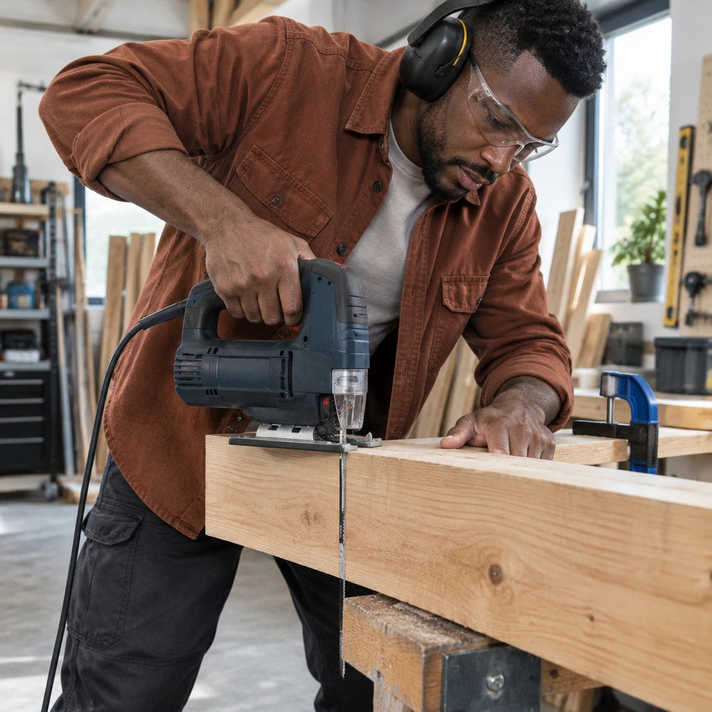 African American carpenter using a compatible jigsaw fitted with an NRG T344D blade to cut a thick supported softwood beam