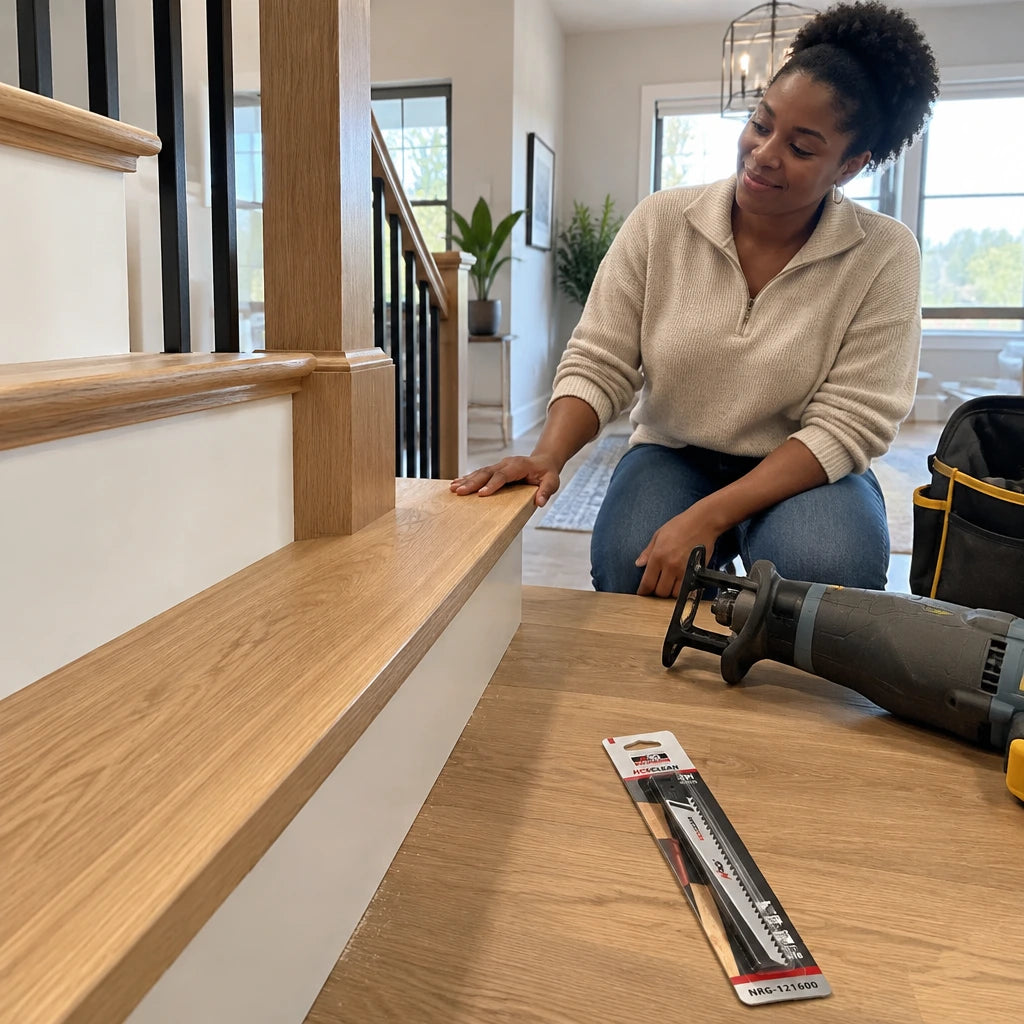 Finished timber stair component fitted in a contemporary renovation area with the NRG wood blade and compatible saw resting nearby