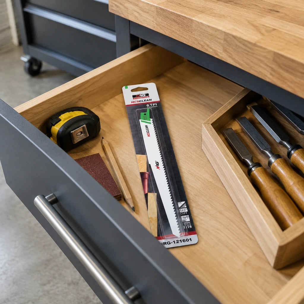 Packaged NRG 225mm wood reciprocating saw blade stored in an organised residential garage workshop drawer.