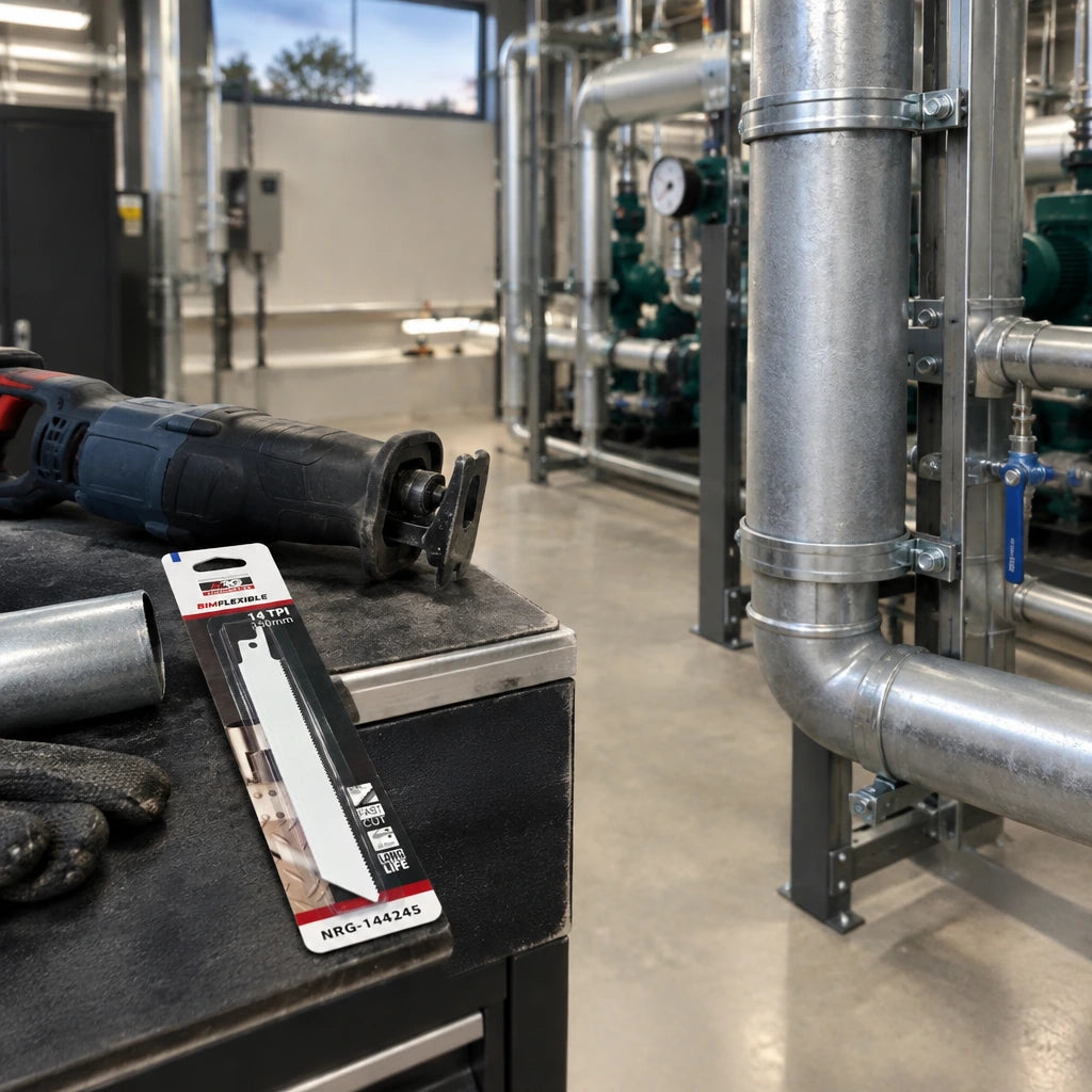 Finished commercial service pipe installation with a neatly trimmed steel section and the NRG metal reciprocating saw blade nearby.