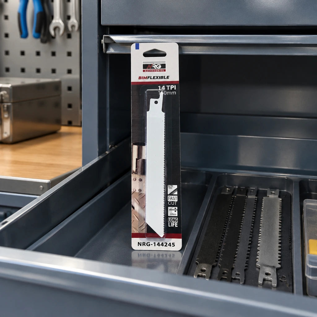 Packaged NRG 150mm metal reciprocating saw blade stored in an organised professional maintenance cabinet.