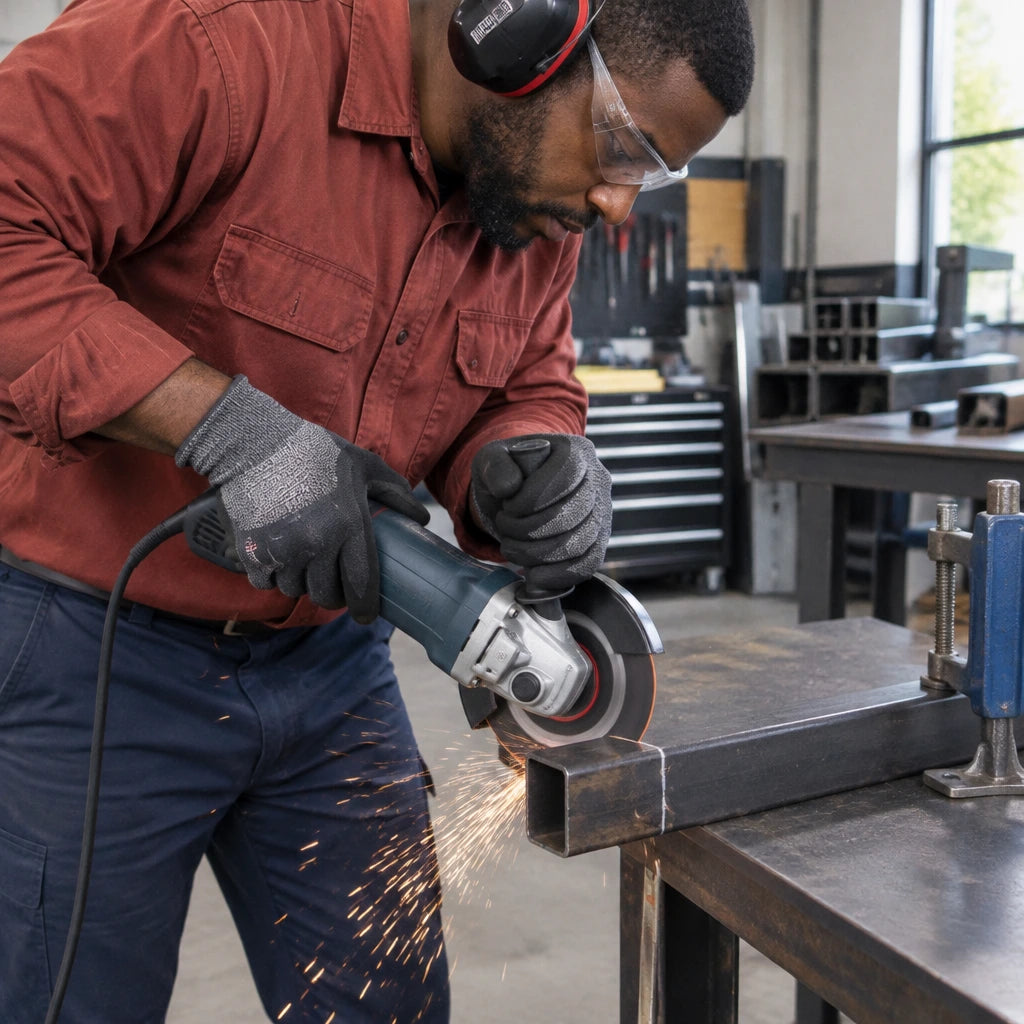 African American metal fabricator using a guarded angle grinder with the NRG 115 mm diamond disc to cut square steel tubing.