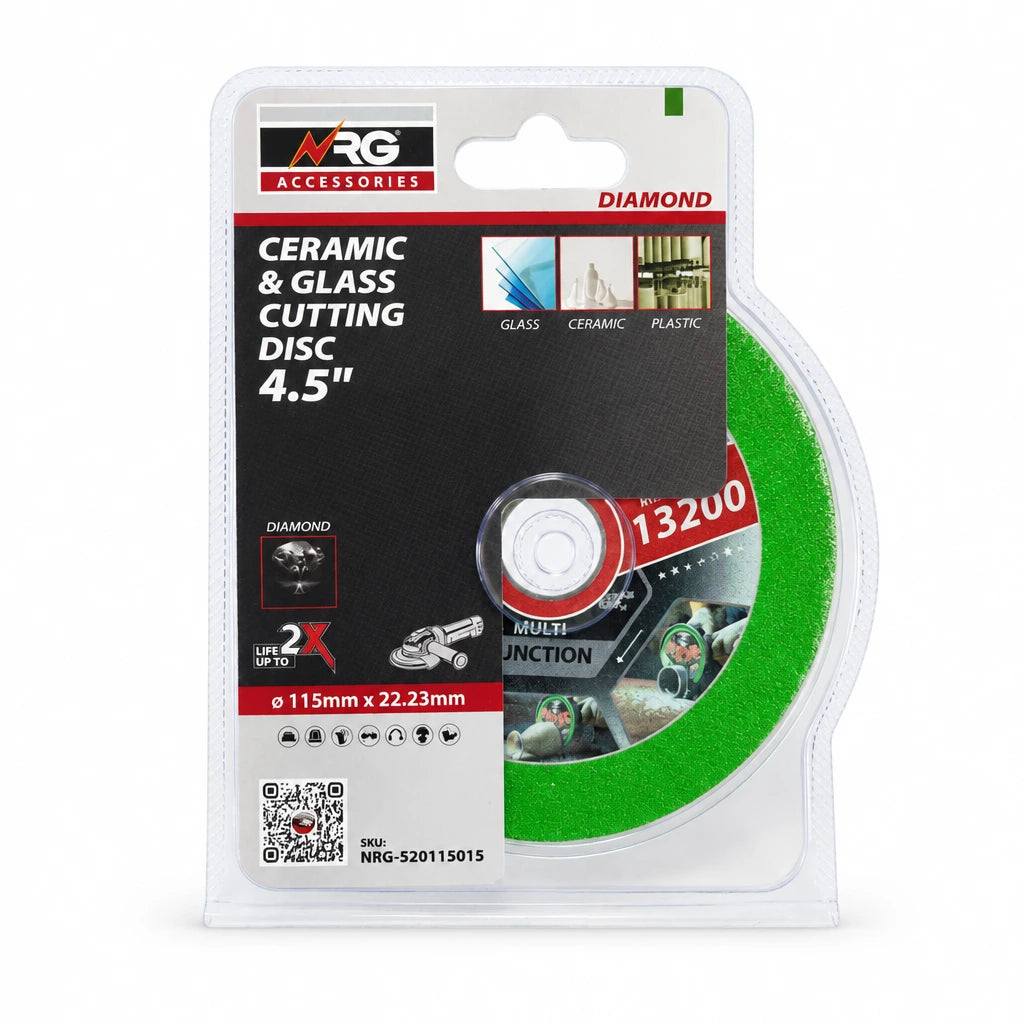 NRG NSB-520115015 115mm green diamond cutting disc in branded glass, ceramic and plastic retail blister pack on white background.