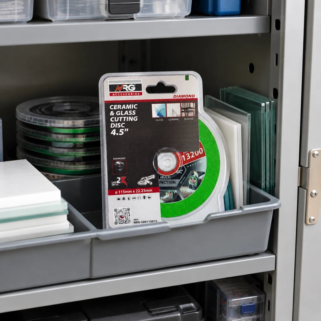 Packaged NRG 115mm diamond cutting disc stored in an organised professional glazing and plastics workshop.