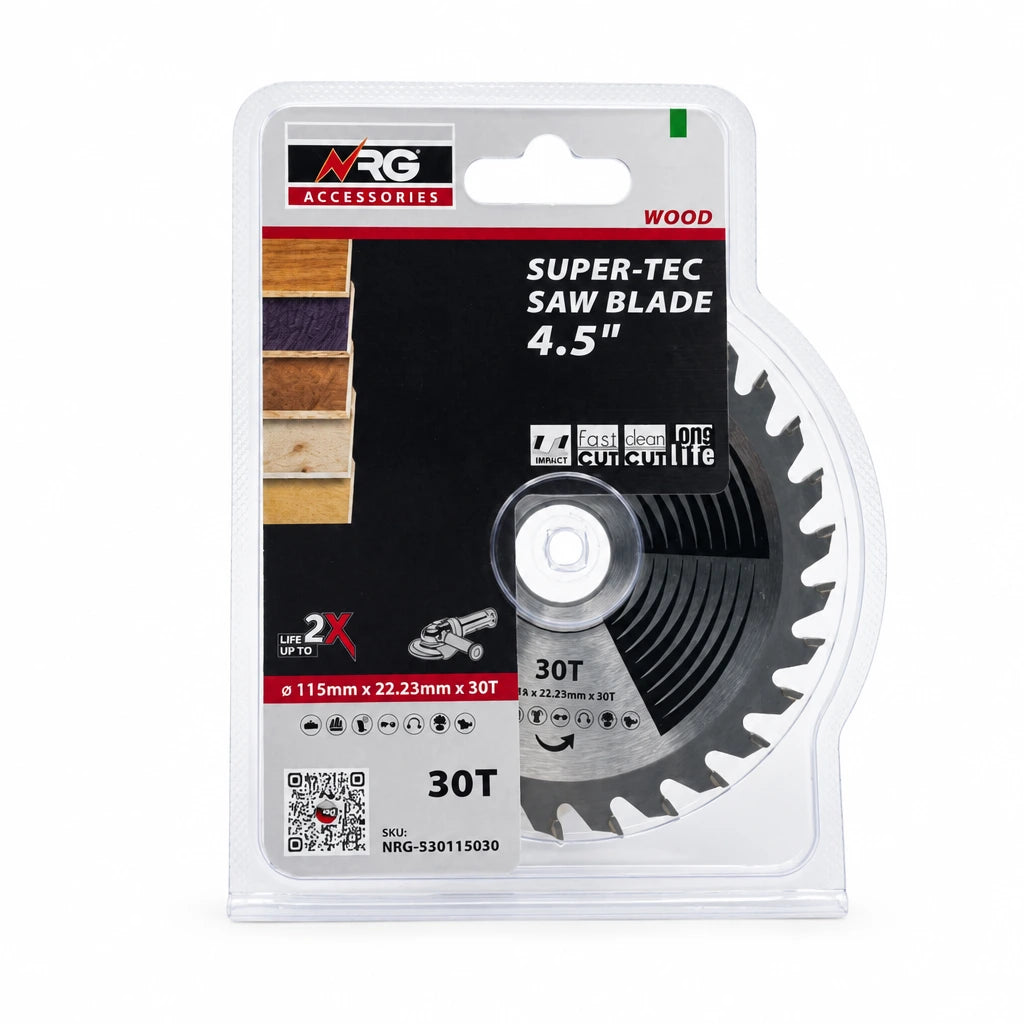 NRG Super-Tec 115 mm 30T carbide-tipped wood circular saw blade in clear retail packaging