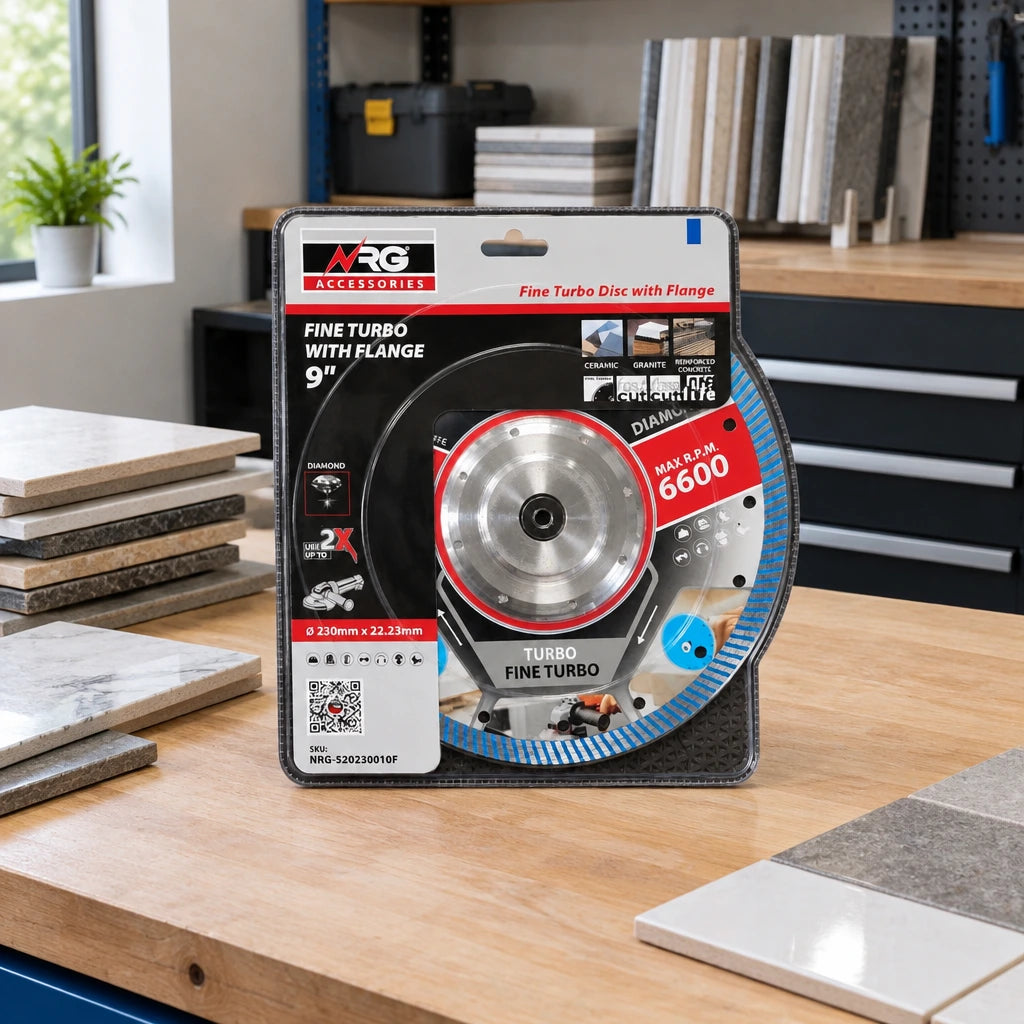 Packaged NRG fine-turbo diamond cutting disc stored at an organised professional tile installation workstation