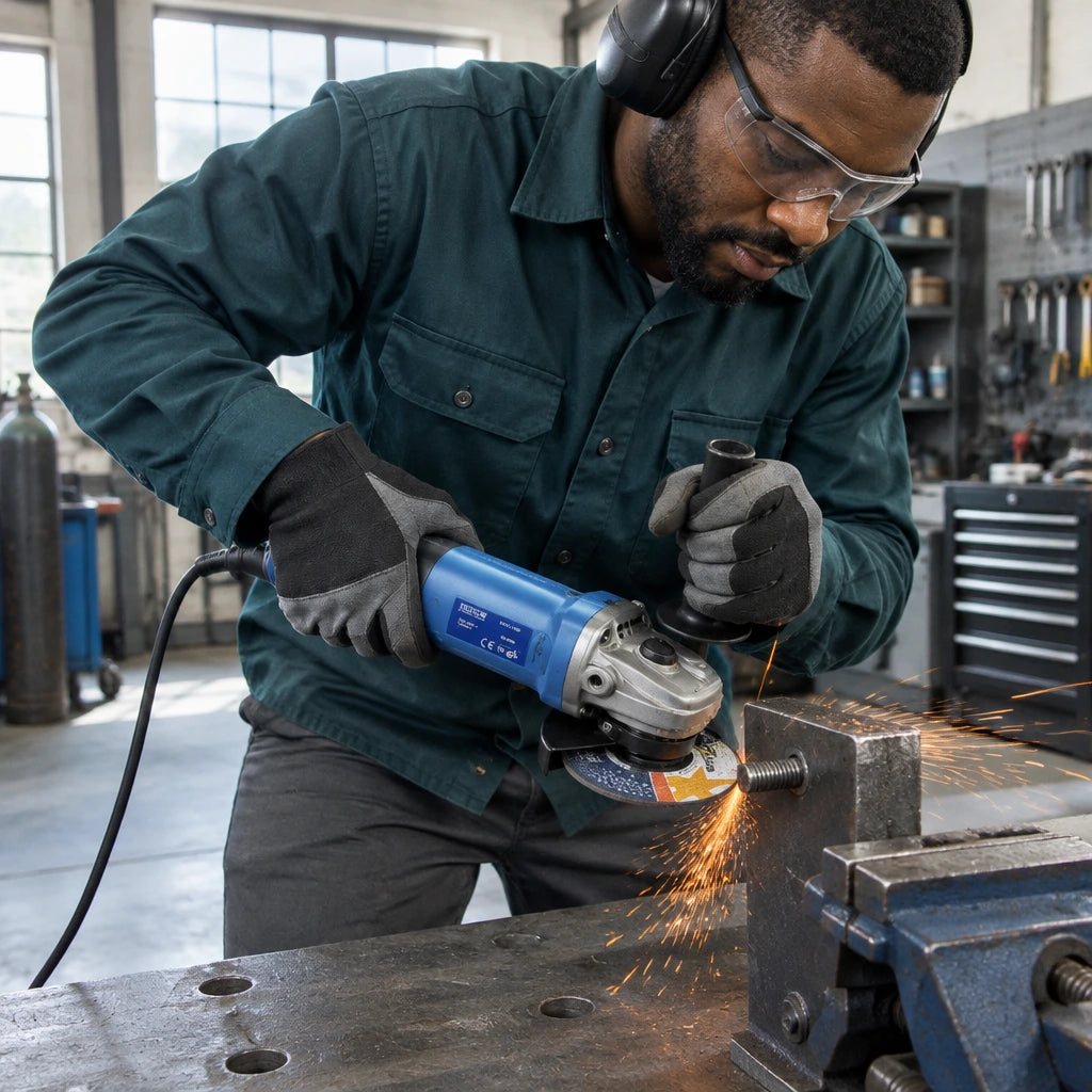 African American fabricator using a Pirana 115mm angle grinder to trim a bolt on a secured steel bracket