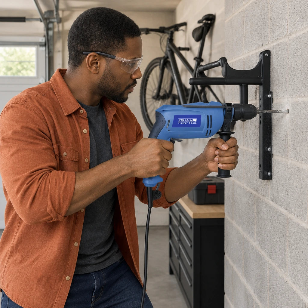 African American homeowner using a Pirana PSR650RK percussion drill to make a masonry fixing hole for a bicycle rack in a garage.