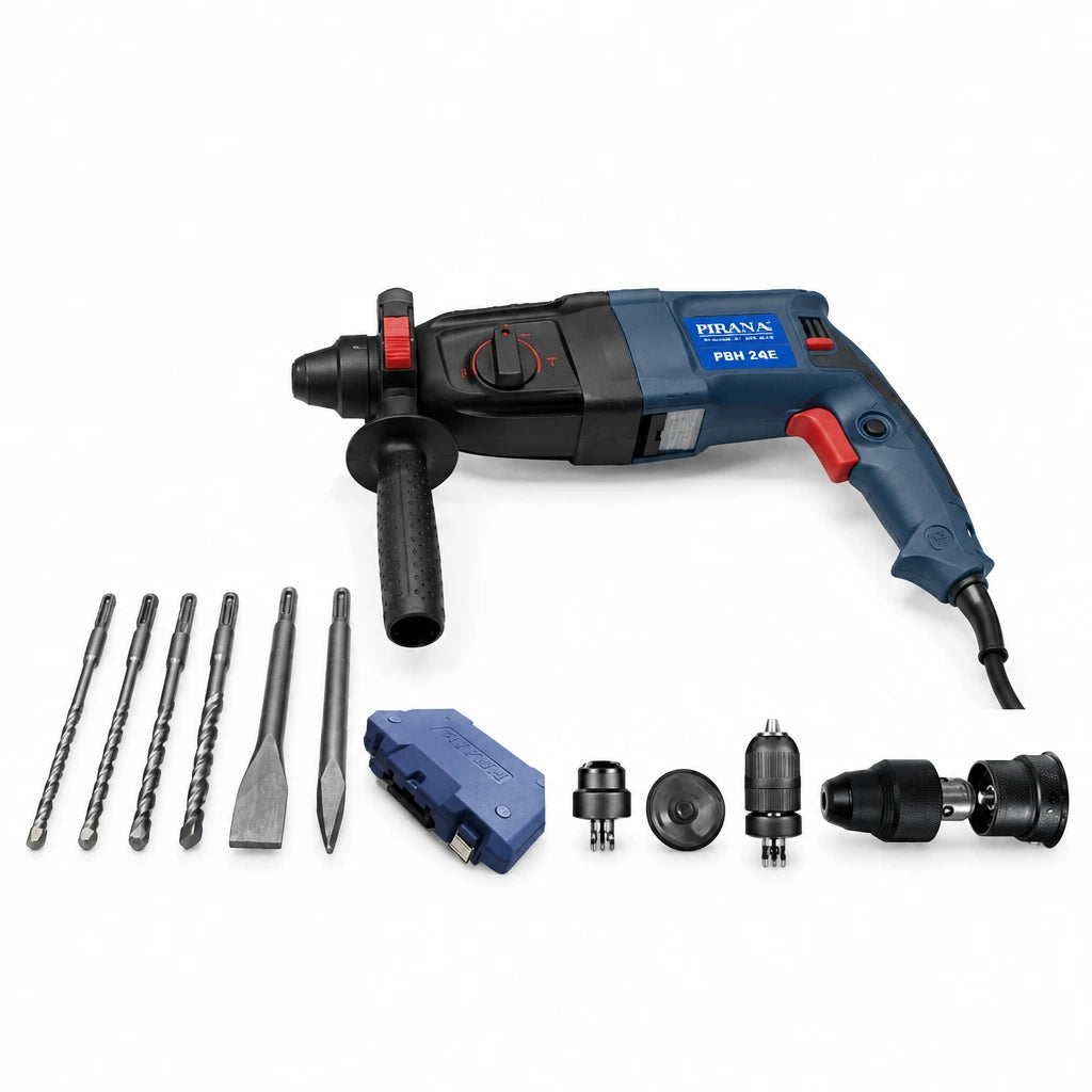 Pirana PBH2400E corded rotary hammer with auxiliary handle, masonry bits and chisels on a white background.