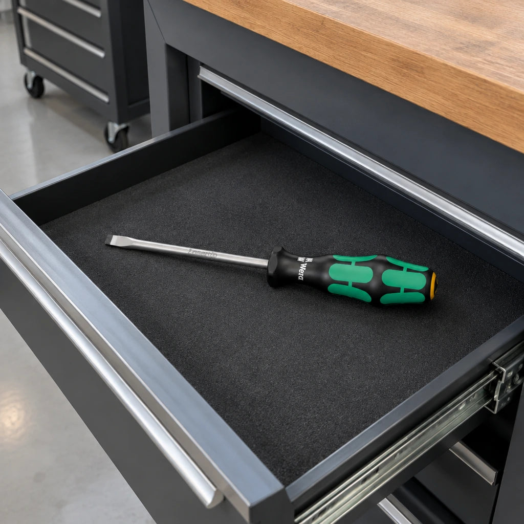 Wera 334 slotted screwdriver resting in an organised maintenance workbench drawer.