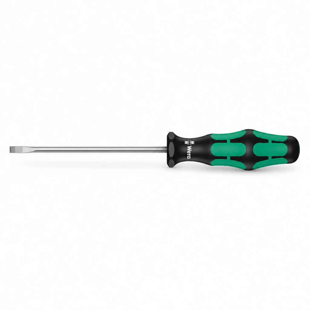 Wera 1334 Kraftform Comfort slotted screwdriver with black and green ergonomic handle on a white background
