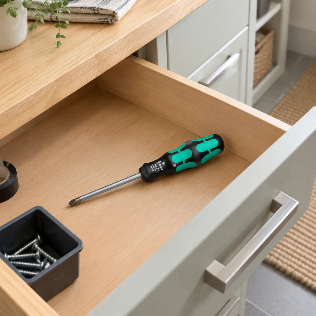 Wera Phillips screwdriver resting in an organised home utility-room maintenance drawer.